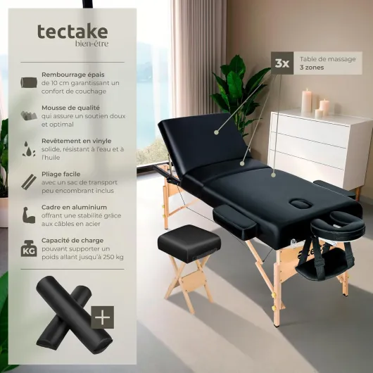 ® Table de Massage Pliante Professionnelle 3 Zones Épaisseur de 13 cm Massage et Relaxation Bois Table Esthetique Professionnel Lit de Massage Portable, Accessoires Inclus - Noir Table avec rouleaux & tabouret Noir
