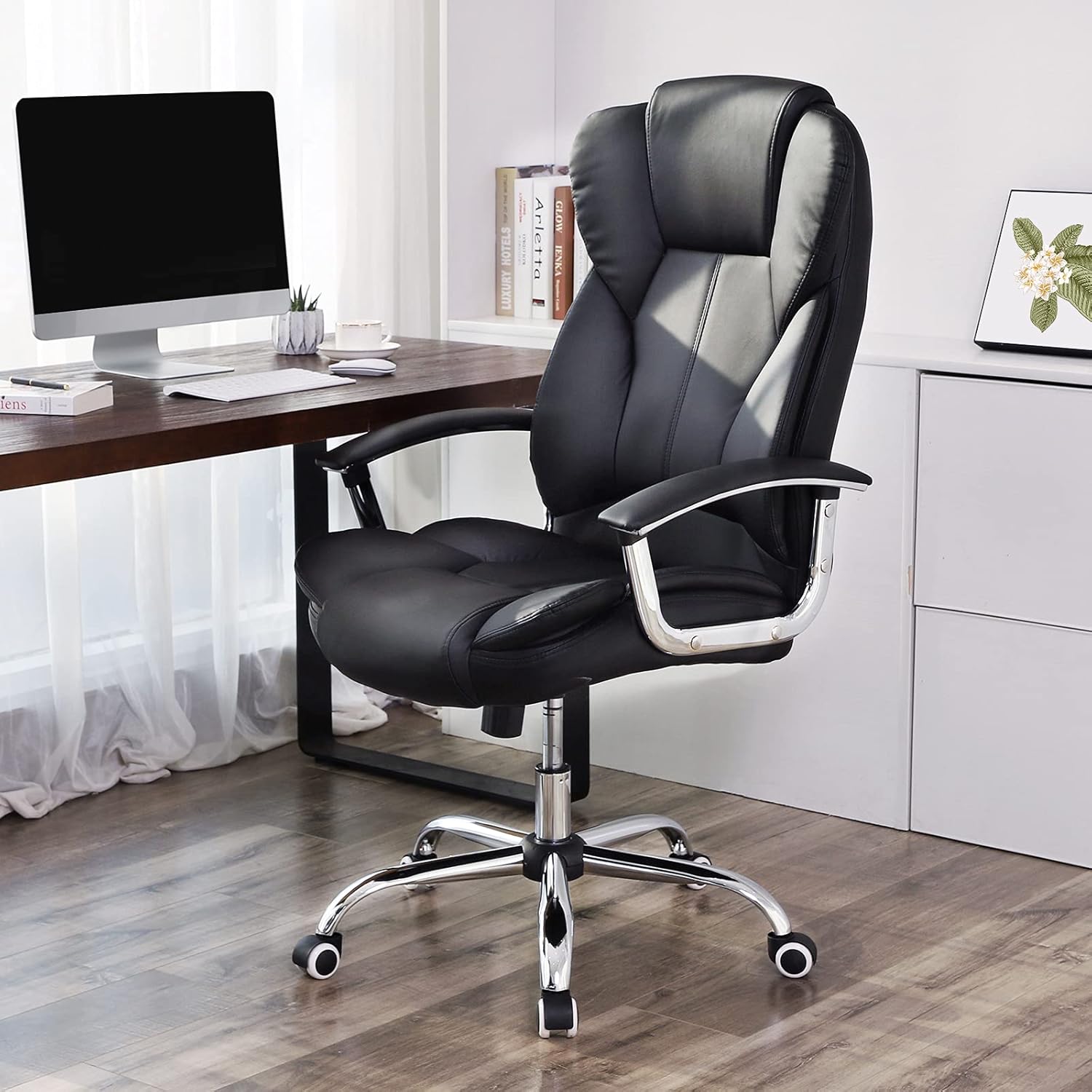 Fauteuil de Bureau, Large Assise rembourrée, avec Appui-tête, Hauteur réglable, Ergonomique, Noir, OBG57B 53* 51* (112-122) cm Noir