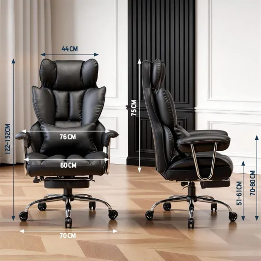 Fauteuil de Direction, Chaise de Bureau en Cuir PU, Fauteuil de Bureau Ergonomique Ajustable à Dossier Haut, Pivotant 200kg avec Repose Pieds et Support Lombaire, Noir Fr Black