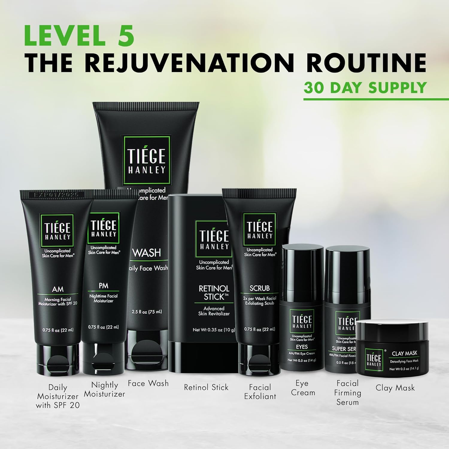 Tiege Hanley Kit de Soins de la Peau pour Homme, Routine de Rajeunissement, Niveau 5 du Système, Nettoyant pour le Visage, Gommage, Hydratants, Crème pour les Yeux, Sérum, Masque en Argile, et Bâton 7 sztuk