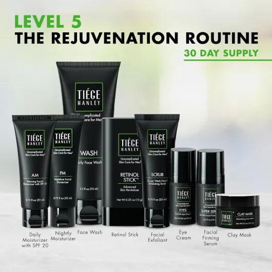 Tiege Hanley Kit de Soins de la Peau pour Homme, Routine de Rajeunissement, Niveau 5 du Système, Nettoyant pour le Visage, Gommage, Hydratants, Crème pour les Yeux, Sérum, Masque en Argile, et Bâton 7 sztuk