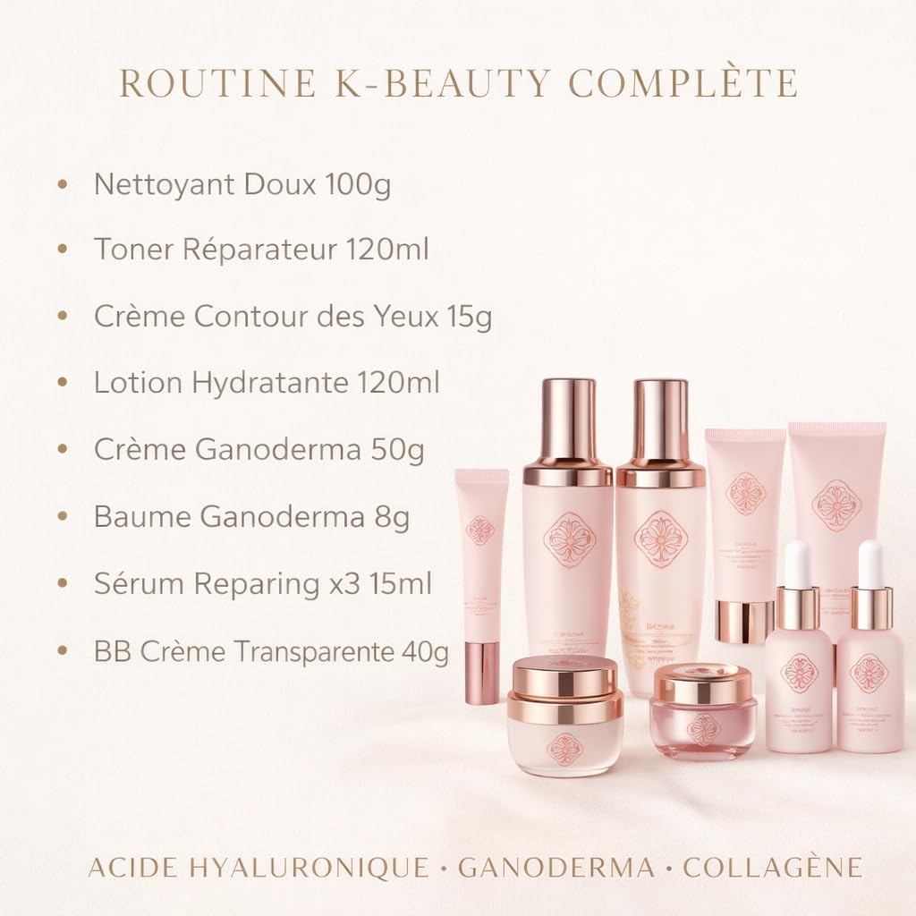 Tahar F&L Coffret soins coréens 10 pièces - Routine visage hydratante, réparatrice et illuminatrice - Sérum, crème Ganoderma, toner, BB crème - K-Beauty premium, tous types de peau, idée cadeau femme