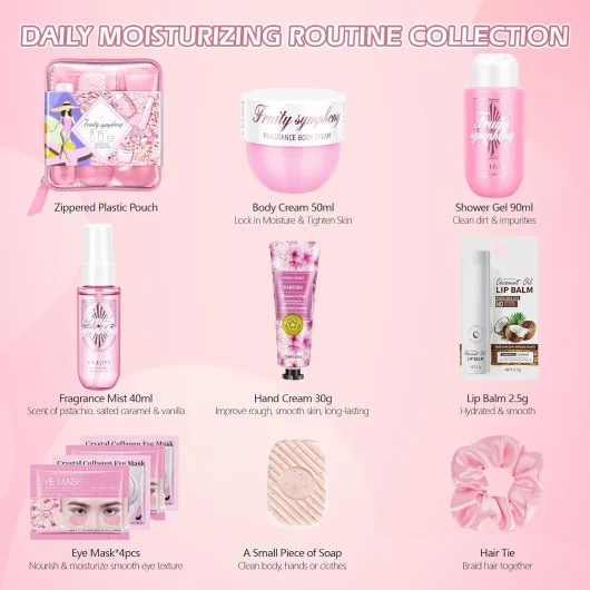 Coffret Cadeau Femme,Coffrets de Bain et de Soins Personnalisé 丨Coffret Beaute: Crème Corps, Crème Mains, Parfum, Gel Douche, Chouchou Cheveux,etc丨 Avec un Sac de Voyage pour Tout Organiser (Rose)