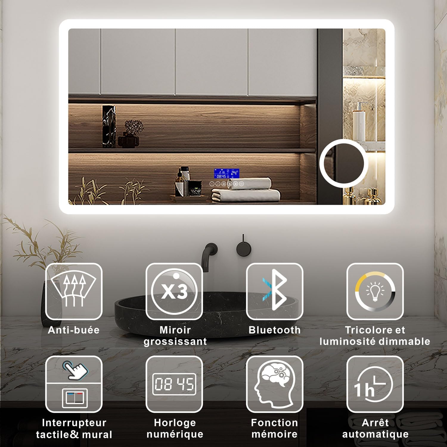 AICA Miroir Salle de Bain 120 x 70cm, Bluetooth + 3 Couleurs + dimmable + grossissant + Horloge + Anti-buée + mémoire, Miroir Lumineux 120L x 70l cm