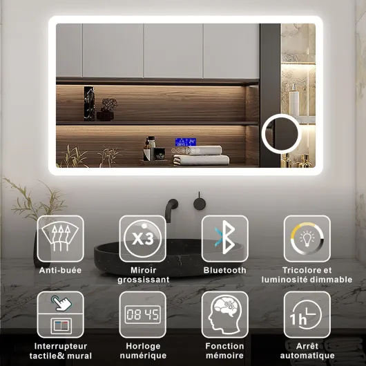 AICA Miroir Salle de Bain 120 x 70cm, Bluetooth + 3 Couleurs + dimmable + grossissant + Horloge + Anti-buée + mémoire, Miroir Lumineux 120L x 70l cm