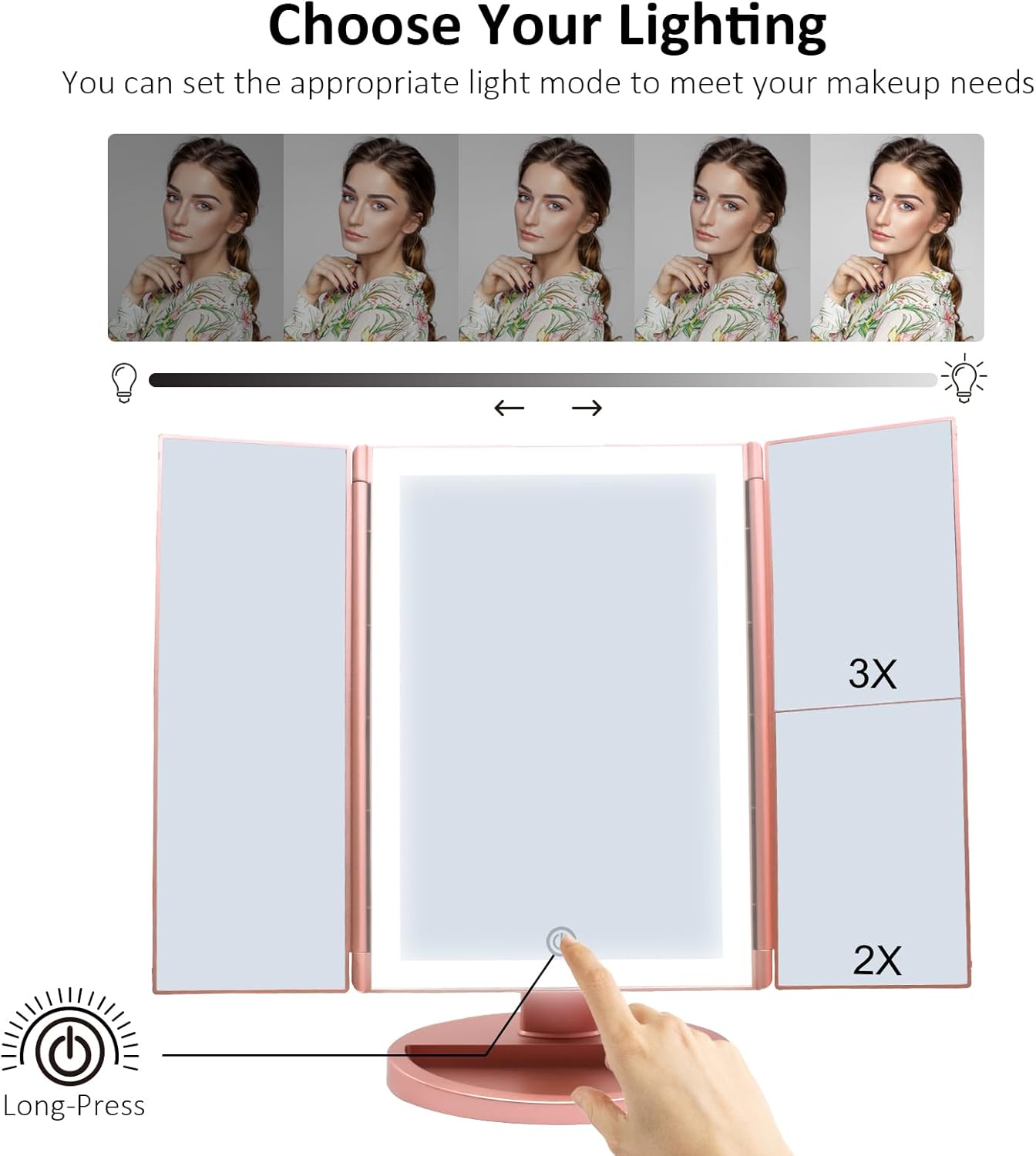 Miroir Maquillage Grossissant Lumineux 1X/2X/3X, LED Pliable avec Écran Tactile, Réglable à 180 Degrés, Support USB et Batterie (Or Rose) Or Rose-1