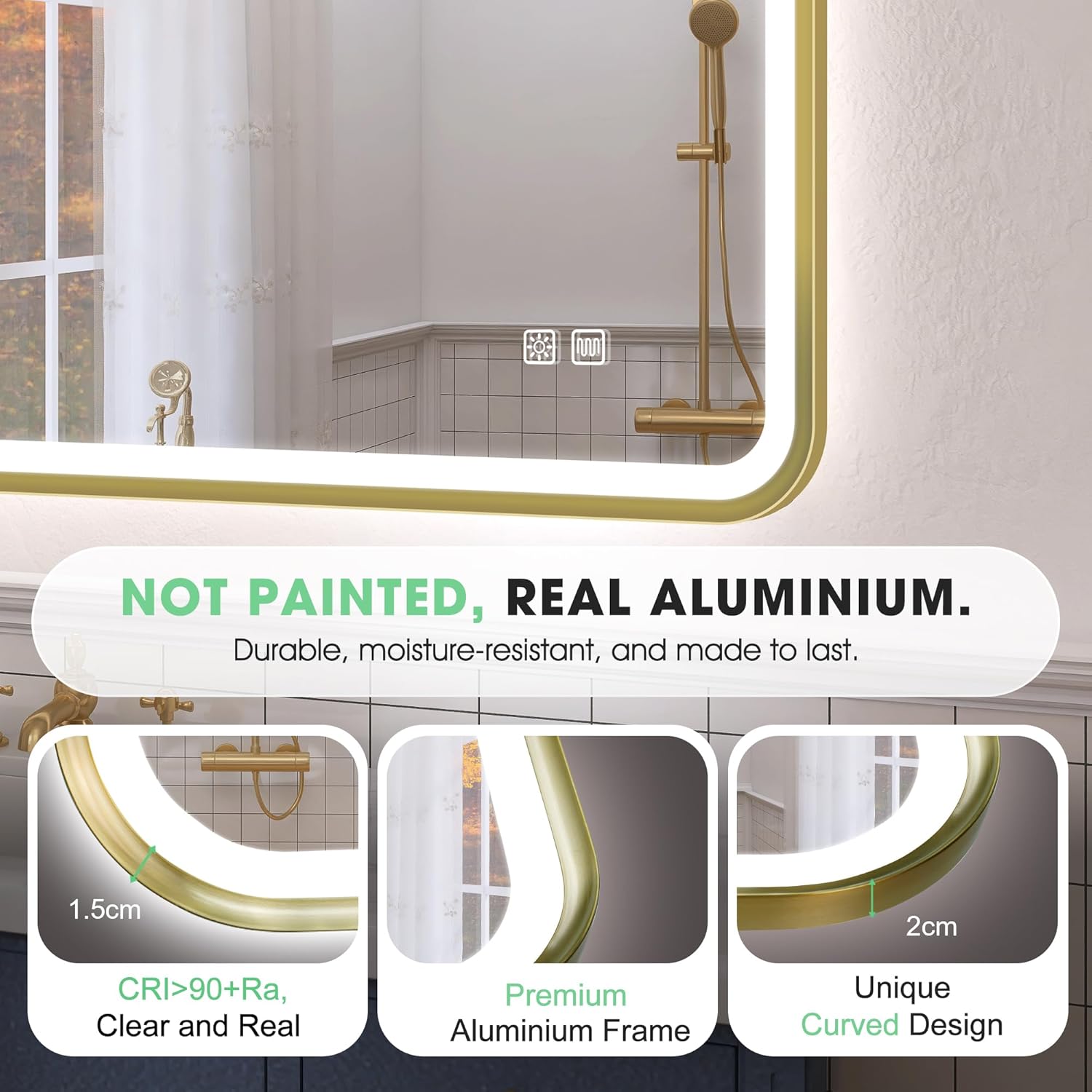 S'bagno Miroir Salle de Bain avec Eclairage 100x70 cm, Miroirs de Salle de Bain avec Cadre Aluminium, Anti-Buée, 3000-6500K, Fonction Mémoire, IP44 Miroir LED Salle de Bain, Horizontal/Vertical, Doré M99 (Cadre Doré + No Bluetooth) 70L x 100l cm