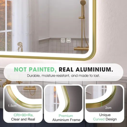 S'bagno Miroir Salle de Bain avec Eclairage 100x70 cm, Miroirs de Salle de Bain avec Cadre Aluminium, Anti-Buée, 3000-6500K, Fonction Mémoire, IP44 Miroir LED Salle de Bain, Horizontal/Vertical, Doré M99 (Cadre Doré + No Bluetooth) 70L x 100l cm