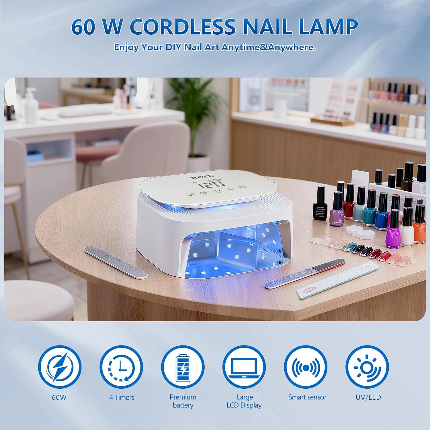Lampes UV LED sans fil BETE 60W - Séchoir pour vernis gel rechargeable avec capteur automatique, 30 perles et 4 réglages de minuteur portable pour usage domestique/salon White