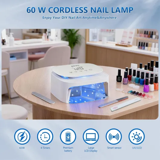 Lampes UV LED sans fil BETE 60W - Séchoir pour vernis gel rechargeable avec capteur automatique, 30 perles et 4 réglages de minuteur portable pour usage domestique/salon White