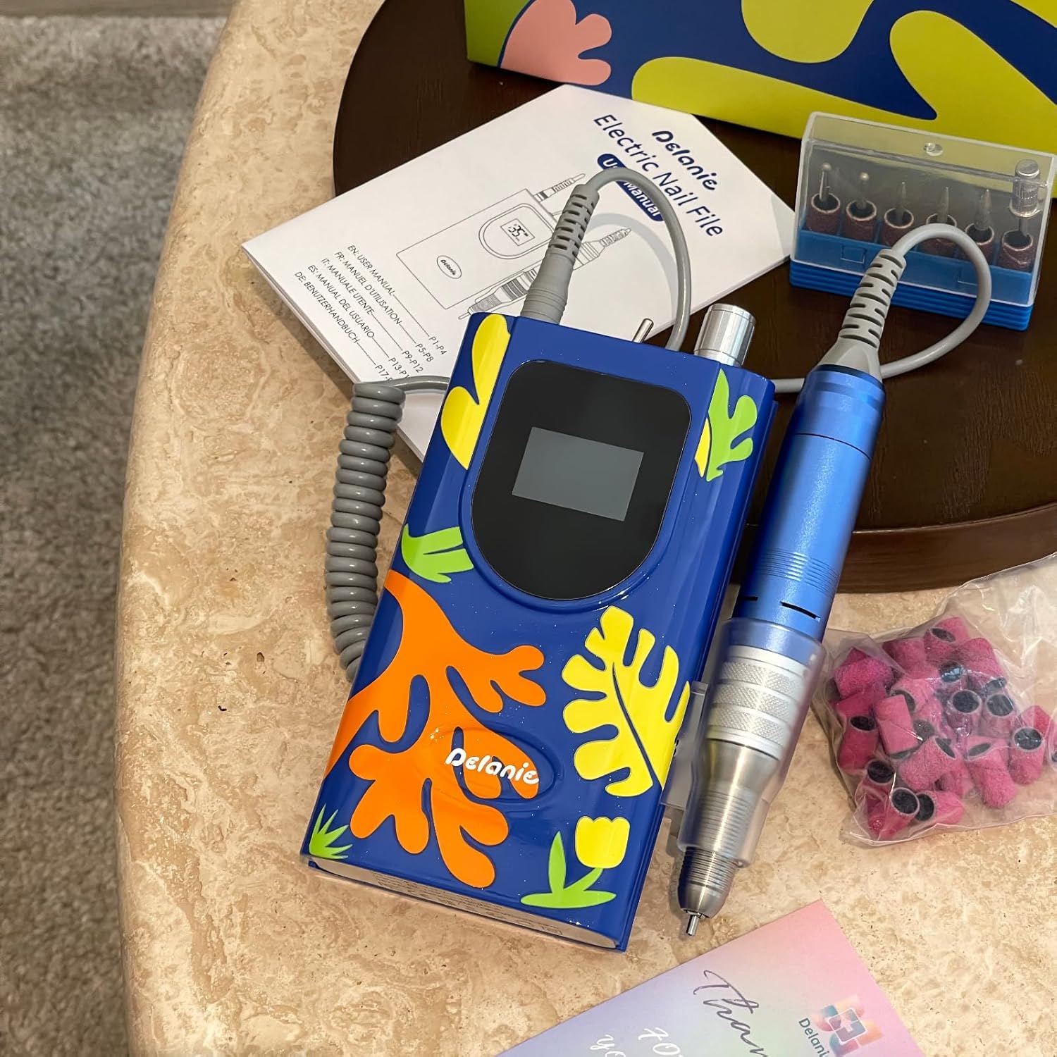 Ponceuse à Ongles Professionnelle 35000 tours pour Manucure Pédicure Electrique Portable Rechargeable avec 6 Embouts & 30 Bandes Abrasives et Affichage LCD, Bleu style Matisse