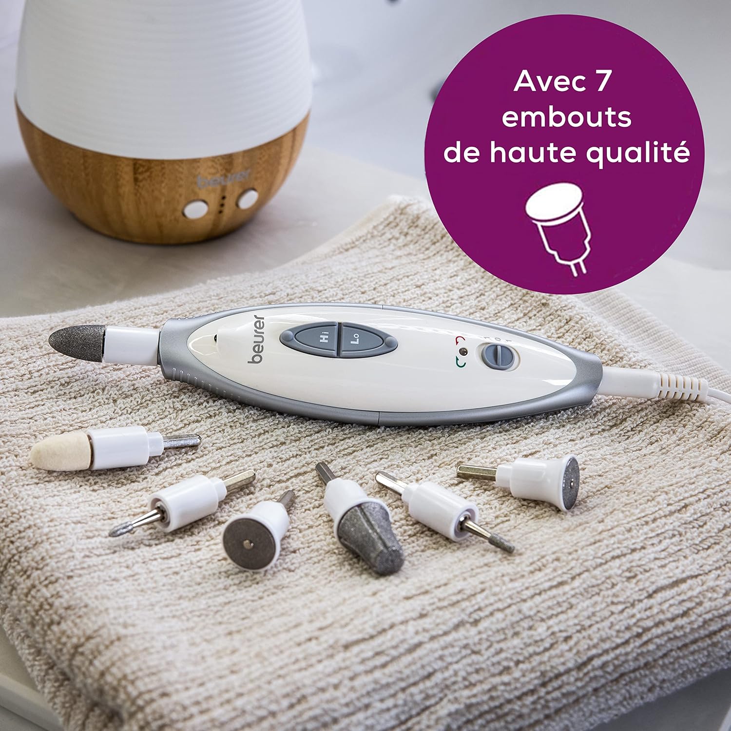 MP 41 Ponceuse pour ongles électrique, pour manucure/pédicure professionnelle à domicile, 7 accessoires pour les mains et les pieds, avec lumière LED et pochette de rangement deux niveaux de vitesse