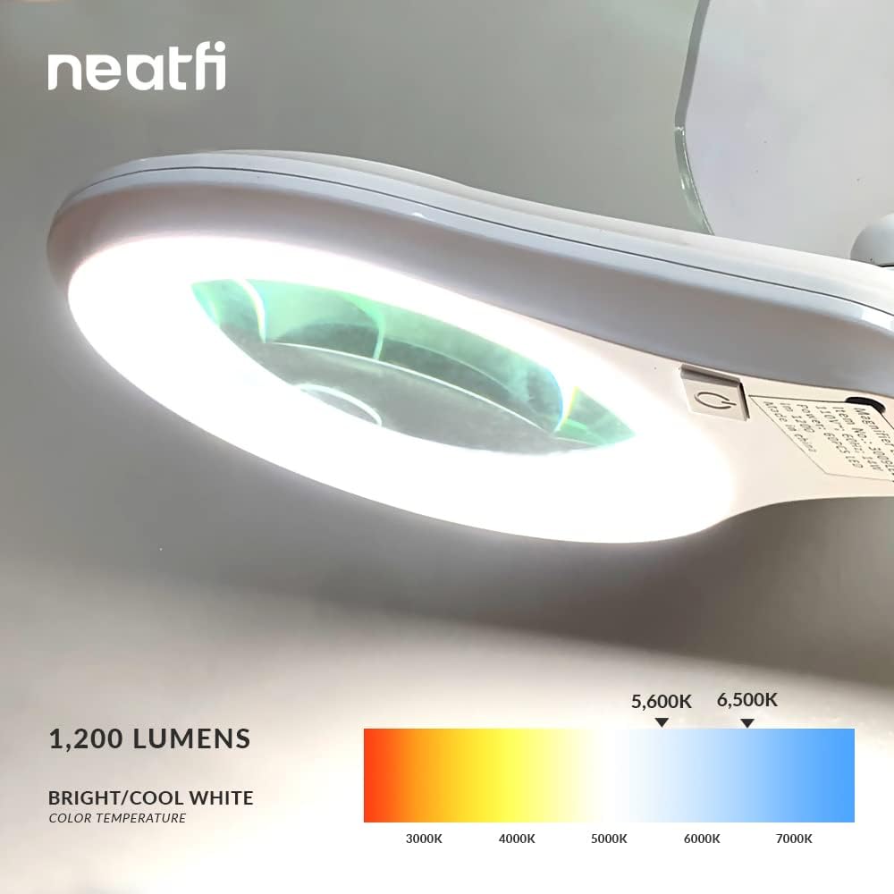 Bifocals Lampe loupe LED 1 200 lumens avec base pivotante à 5 roues, dioptrie 5/20, intensité variable, 60 LED SMD, lentille de 12,7 CM de diamètre (Blanc)