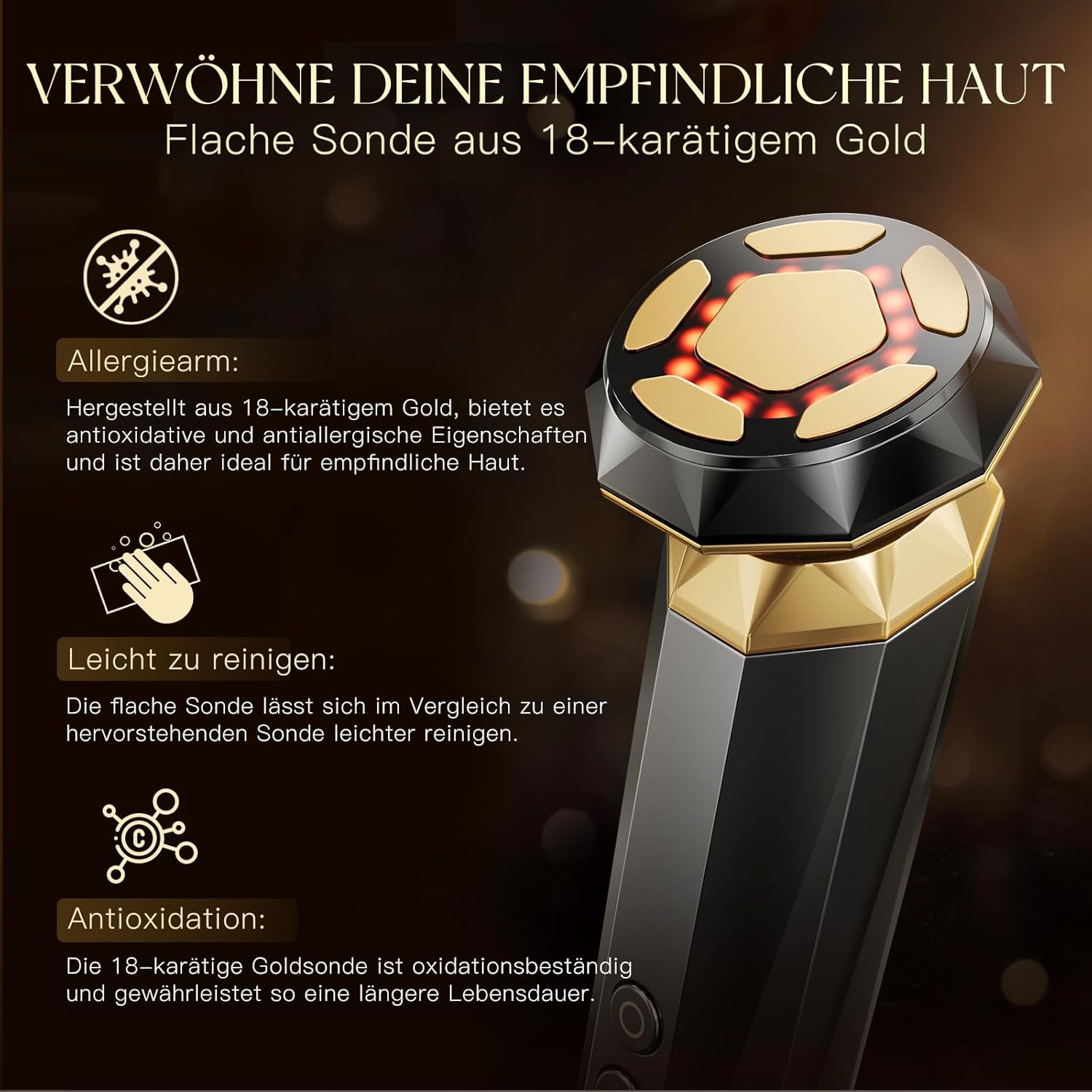Appareil Visage Anti-Âge RF,5 Modes Nettoyage, Hydratation, Froid, Raffermissant, Lifting - Tête en Or 18K, Pour Peaux Sensibles, Visage, Cou, Jambes, avec Gel Blanc-01