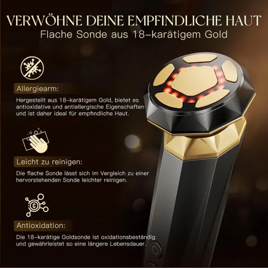 Appareil Visage Anti-Âge RF,5 Modes Nettoyage, Hydratation, Froid, Raffermissant, Lifting - Tête en Or 18K, Pour Peaux Sensibles, Visage, Cou, Jambes, avec Gel Blanc-01