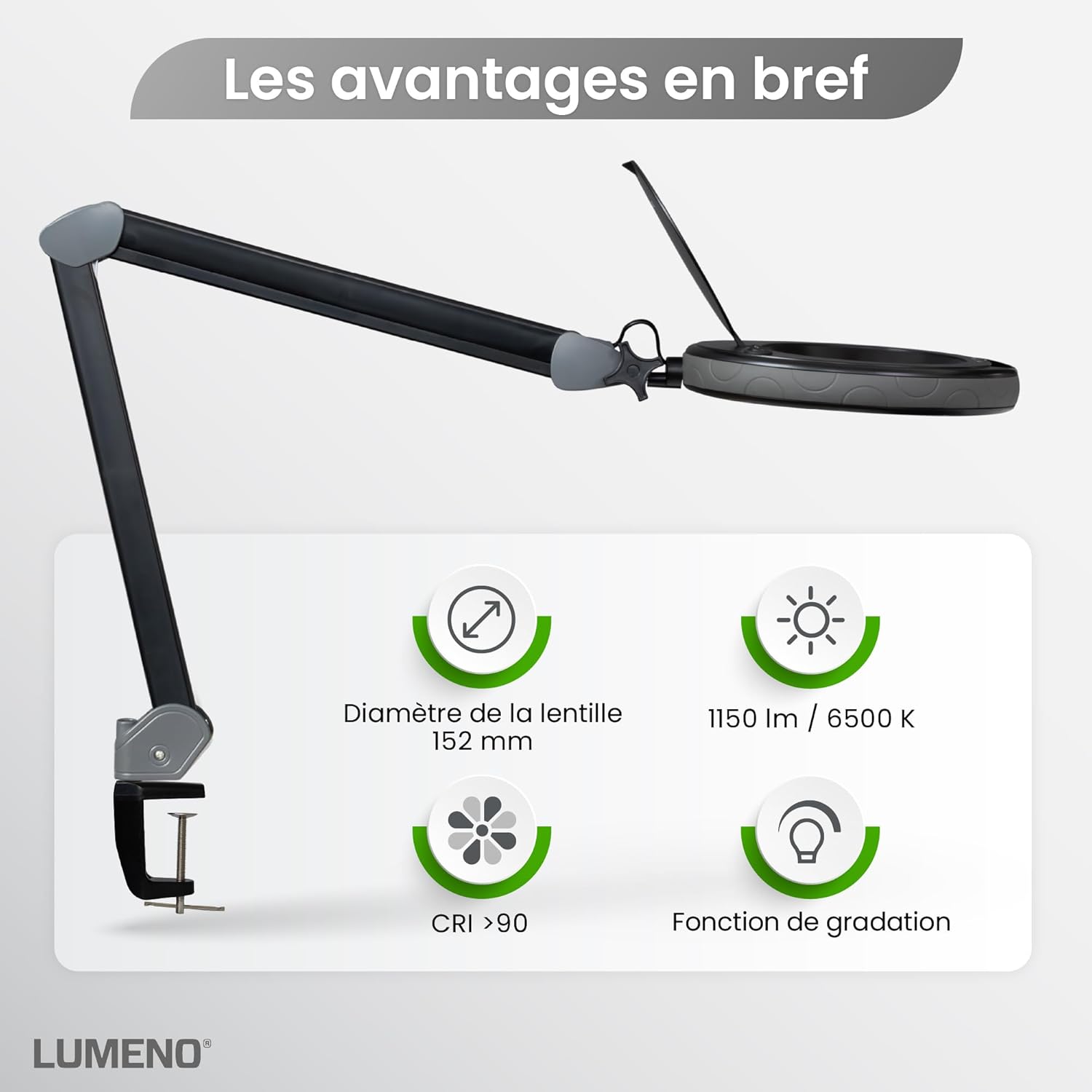 Lampe loupe LED 8513SW intensité variable, avec grande lentille en verre 152 mm, luminosité réglable, convient comme lampe de travail, aide à la lecture, 3 dioptries Noir Noir 3 dioptries