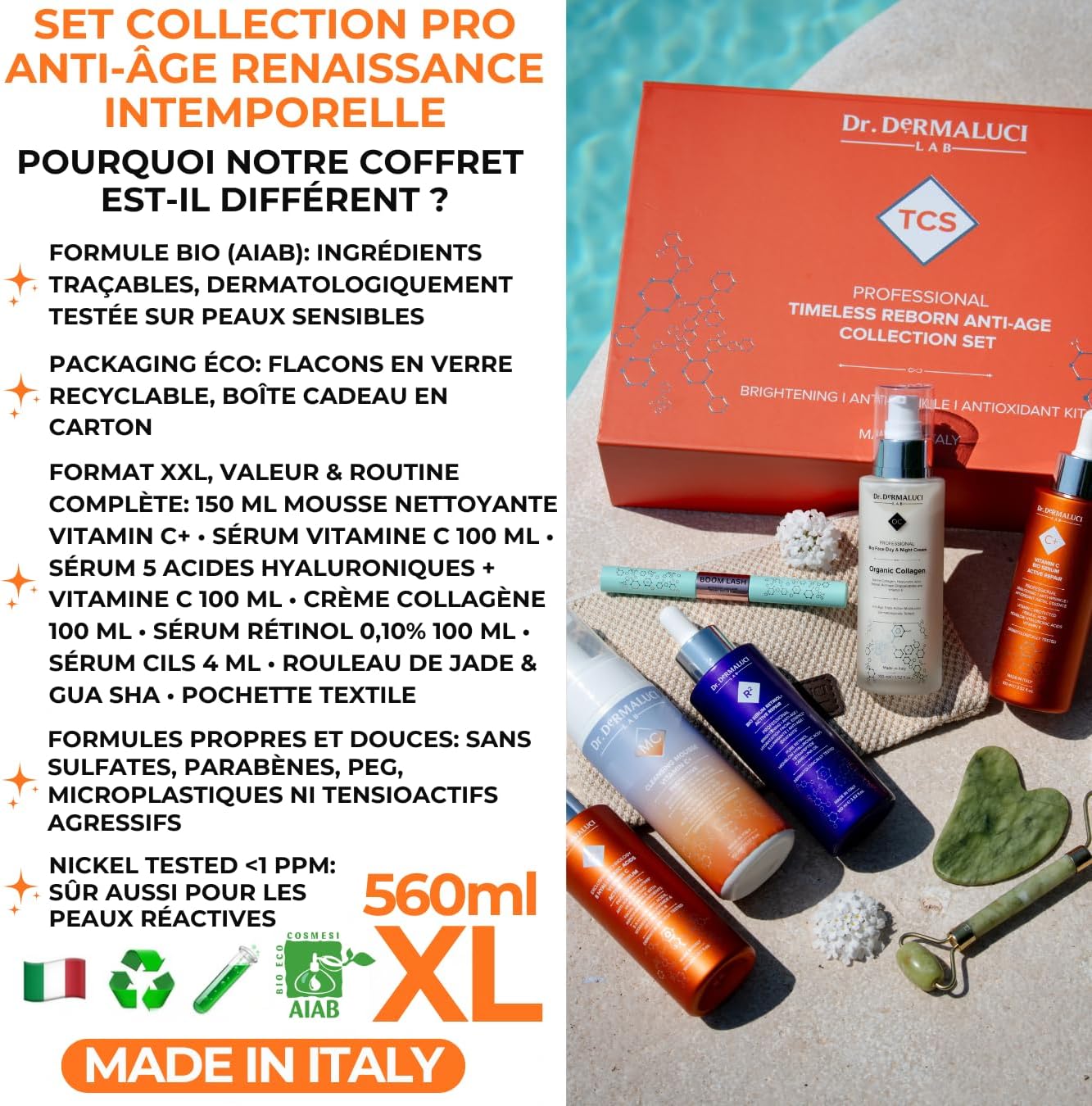 Dr - Dermaluci Lab Coffret BIO Anti-Âge Pro 6 Pièces - Mousse + Sérum Vit C + 5HA + Rétinol + Sérum Cils + Crème Collagène - Gua Sha + Roller Jade + Pochette - AIAB Made in Italy