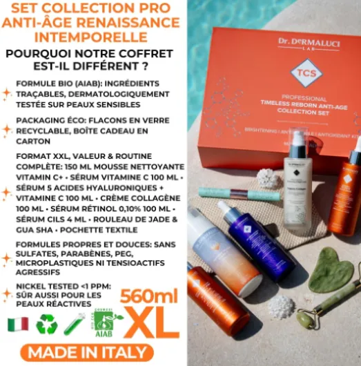 Dr - Dermaluci Lab Coffret BIO Anti-Âge Pro 6 Pièces - Mousse + Sérum Vit C + 5HA + Rétinol + Sérum Cils + Crème Collagène - Gua Sha + Roller Jade + Pochette - AIAB Made in Italy