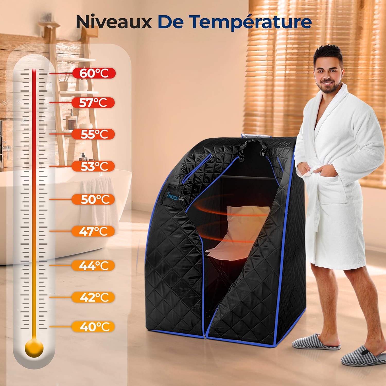 Sauna, Sauna Portable/Infrarouge, Vapeur, Spa Maison, Perdre du Poids, Détox, Tente Chauffante Mobile, Pliable Cabine avec Coussin Chauffant pour Les Pieds et Chaise Pliante NOIR, 97 CM