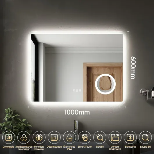 Miroir Salle de Bain avec 3X Loupe 100x60cm, Bluetooth, Dimmable, 3 Couleurs Légères, Anti-buée, Mémoire, IP44, Douille, Mirroir Lumineux Salle de Bain, Horizontal/Vertical Style10 100L x 60l cm