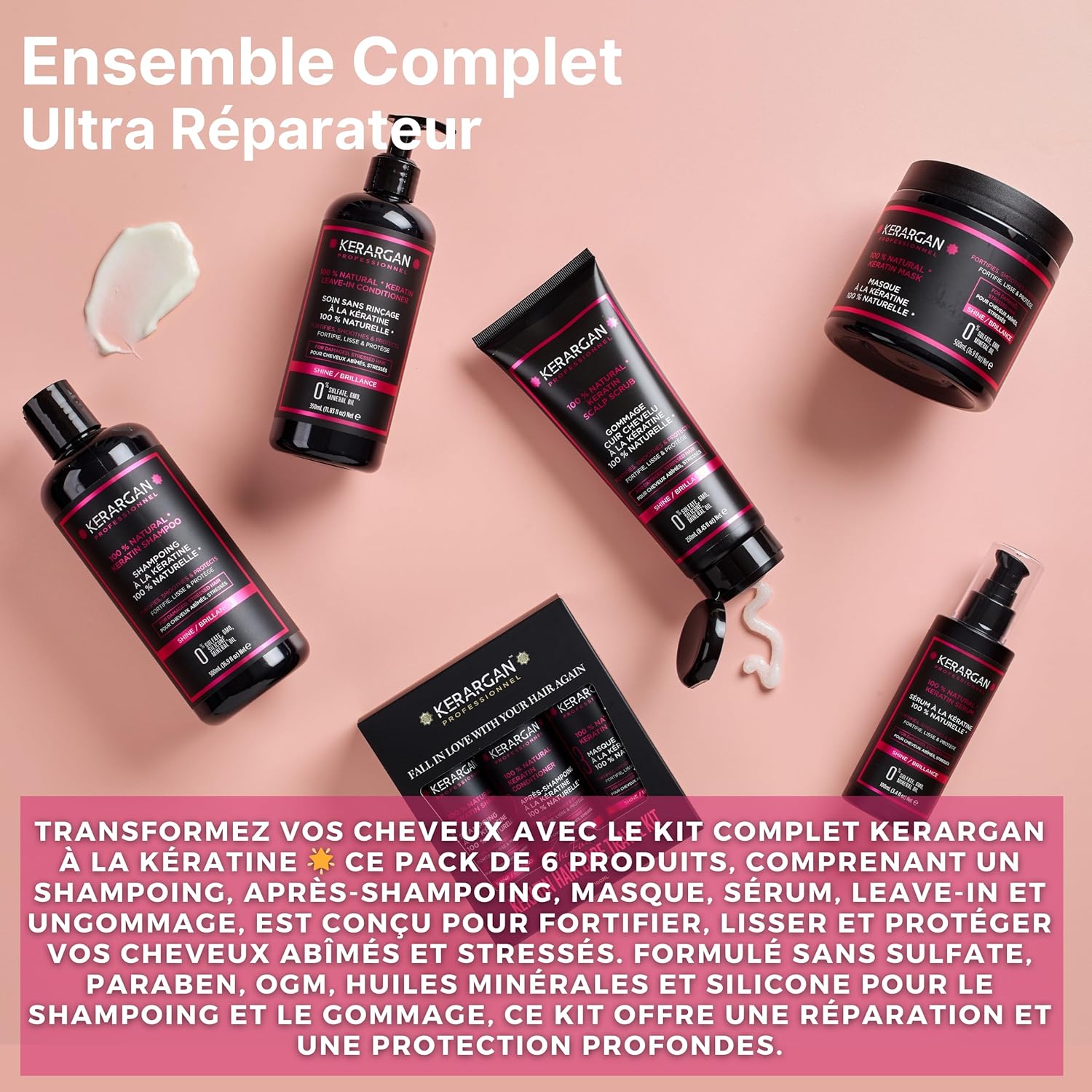 Kit Complet Ultra Réparateur à la Kératine Pour Cheveux Abîmés et Stressés - Fortifie, Lisse, Protège - Sans Sulfate, Paraben, Silicone - 3x500ml + 100ml + 350ml + 250ml