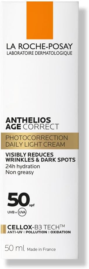 La Roche-Posay - Anthelios Age Correct - Crème Solaire Spf 50 - Soin Visage Anti-rides et Anti-taches Sans Parfum - Enrichi en Acide Hyaluronique - Haute Protection Solaire Contre les UVA/UVB