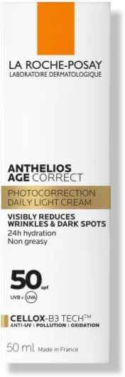 La Roche-Posay - Anthelios Age Correct - Crème Solaire Spf 50 - Soin Visage Anti-rides et Anti-taches Sans Parfum - Enrichi en Acide Hyaluronique - Haute Protection Solaire Contre les UVA/UVB