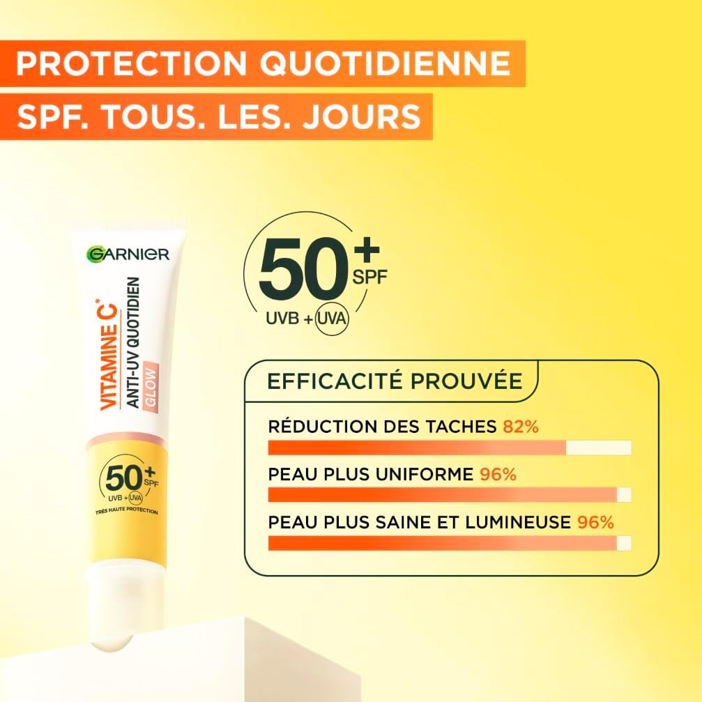 Garnier SkinActive - Fluide Anti-Taches & Anti-UV Quotidien - Glow - SPF 50+ - Protège, Réduit les Taches & Booste l'Éclat - Soin Visage Enrichi en Vitamine C - Tous Types de Peau - 40 ml