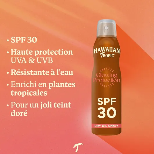 Glowing Spray Écran Solaire Protection SPF 30 UVA + UVB, 180 ml, Parfum Tropical, aux Essences d'Hawaii/Ingrédients Botaniques, Résistant à l'eau, Végan 180 ml (Lot de 1) SPF 30
