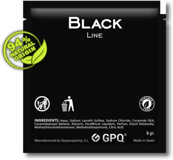 GPQ - Gel/Shampooing 2en1 BLACK Line 8 gr - - 400 Und - - 94% Natural Origin - Amenities avec Après-shampooing, Sans Parabènes - Hôtel, B&B, Gîte Rural, Camping, Croisière.. - - Fabriqué dans l’UE 1 unité (Lot de 400)