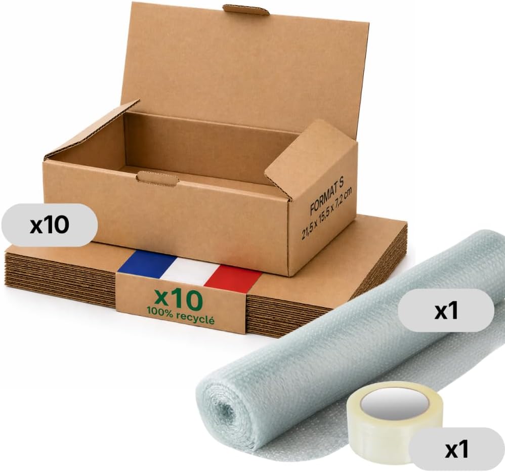 Boite carton emballage colis S - Lot de 10 + film à bulles + adhésif - 21,5 x 15,5 x 7 cm - Renforcé - téléphone, cosmétiques, format A6 - Life Pack 21,5 x 15,5 x 7 cm 10