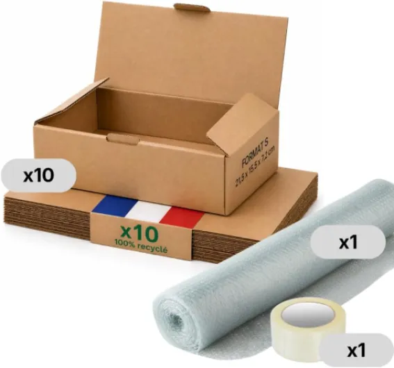 Boite carton emballage colis S - Lot de 10 + film à bulles + adhésif - 21,5 x 15,5 x 7 cm - Renforcé - téléphone, cosmétiques, format A6 - Life Pack 21,5 x 15,5 x 7 cm 10