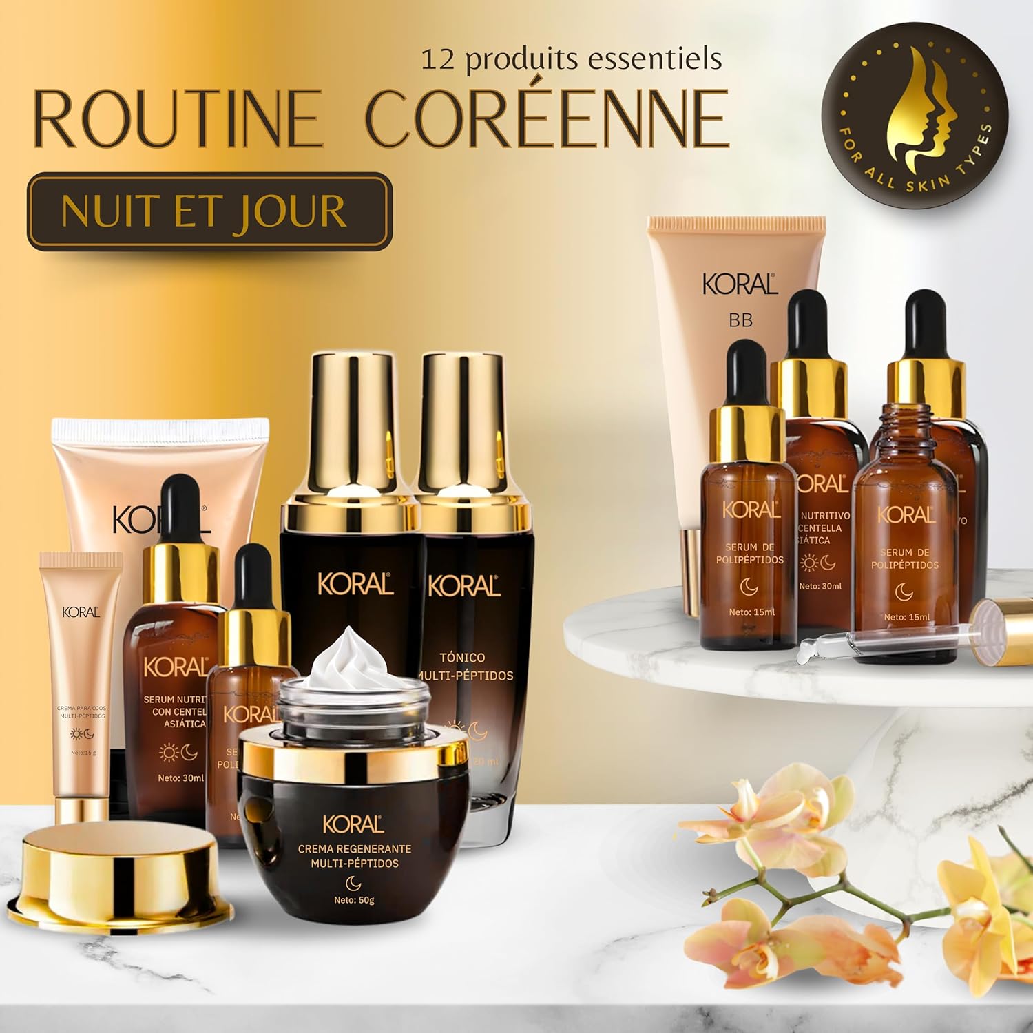 KIT RUTINE COREENNE - 12 produits, pour un soin complet du visage, cosmétique du visage pour tous types de peaux - Formules coréennes chargées d'ingrédients actifs
