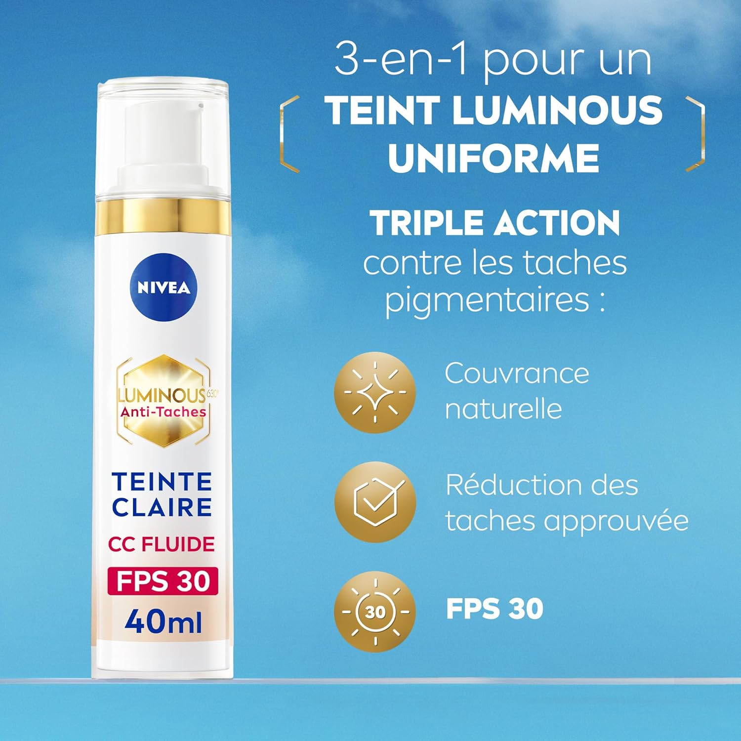 Luminous 630 CC Fluide anti taches FPS30 Teinte Claire (1 x 40 ml), CC Crème teint unifié, Fond de teint couvrant imperfections, Soin visage teinté anti-âge correcteur réducteur de taches