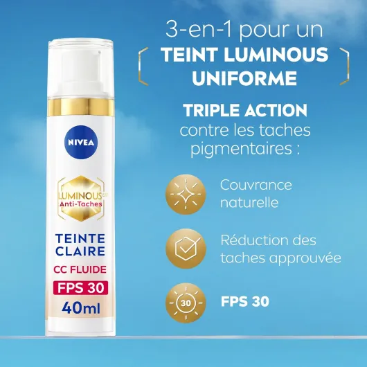Luminous 630 CC Fluide anti taches FPS30 Teinte Claire (1 x 40 ml), CC Crème teint unifié, Fond de teint couvrant imperfections, Soin visage teinté anti-âge correcteur réducteur de taches