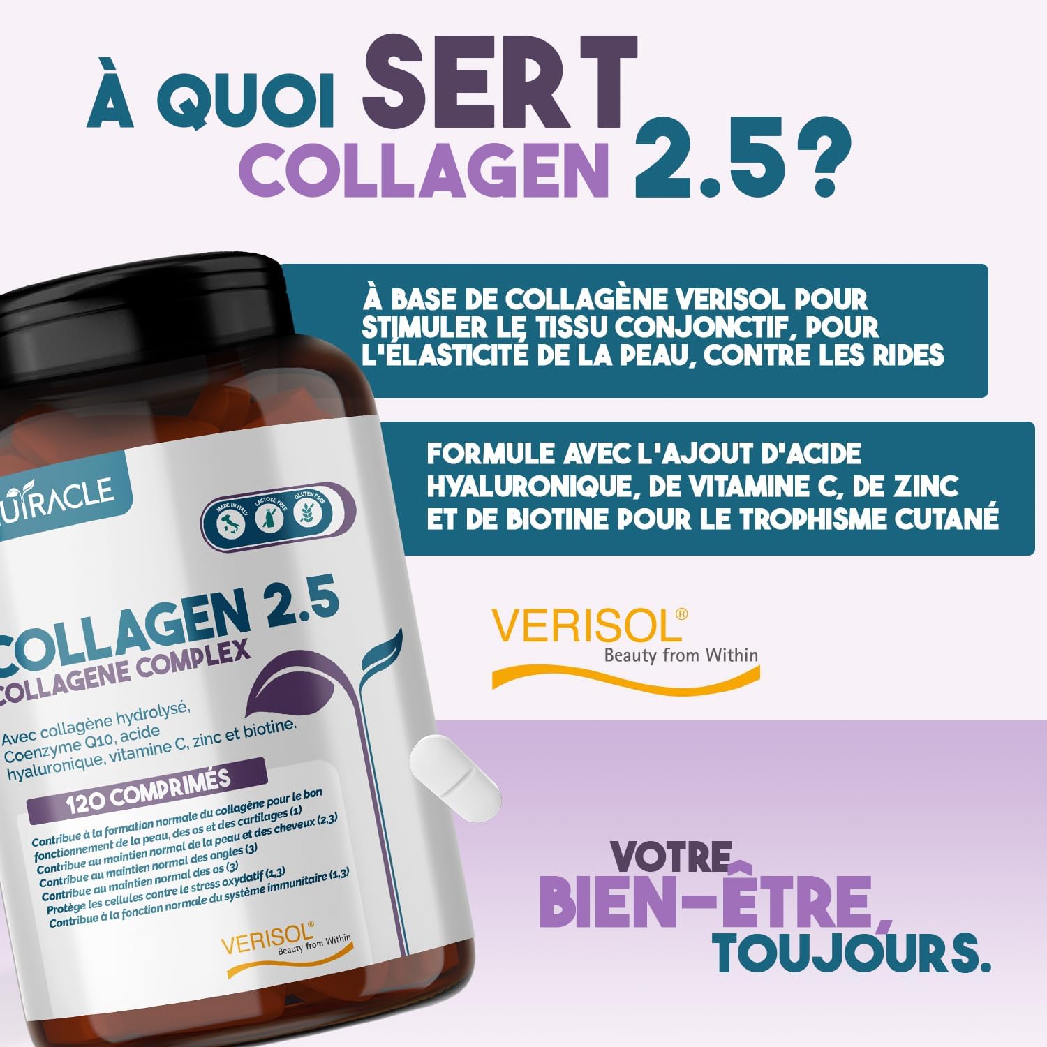 Collagène Hydrolysé Verisol® 2500 mg + Acide Hyaluronique + Coenzyme Q10 - Complément pour la Peau, les Cheveux et les Os avec Biotine, Zinc et Vitamine C - 120 comprimés, Nutracle 120 unité (Lot de 1)