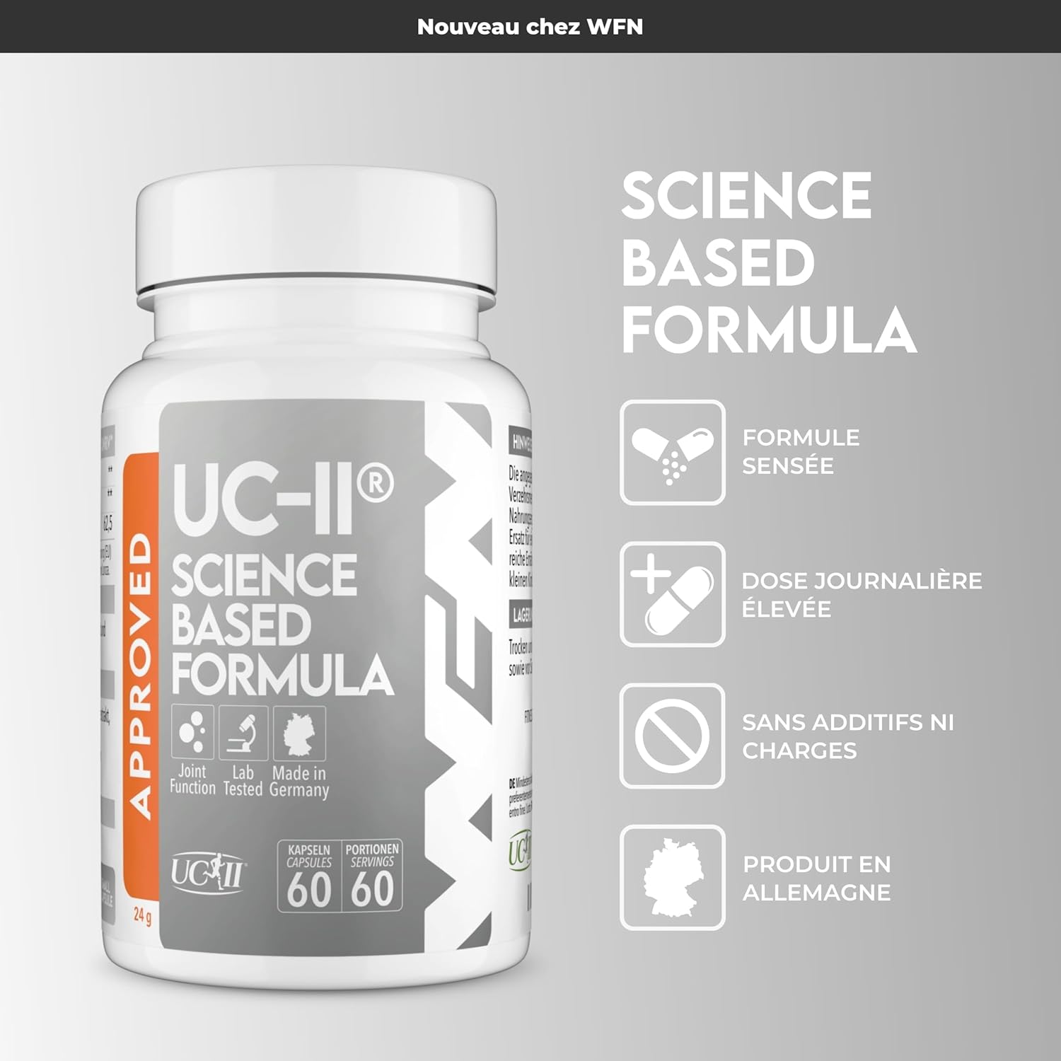WFN Approved UC-II - Collagene Type 2 non dénaturé - 60 Gélules - Complexe articulaire avec Collagène UC 2, Vitamine C et Boswellia Serrata - Testé en externe 60 unité (Lot de 1)