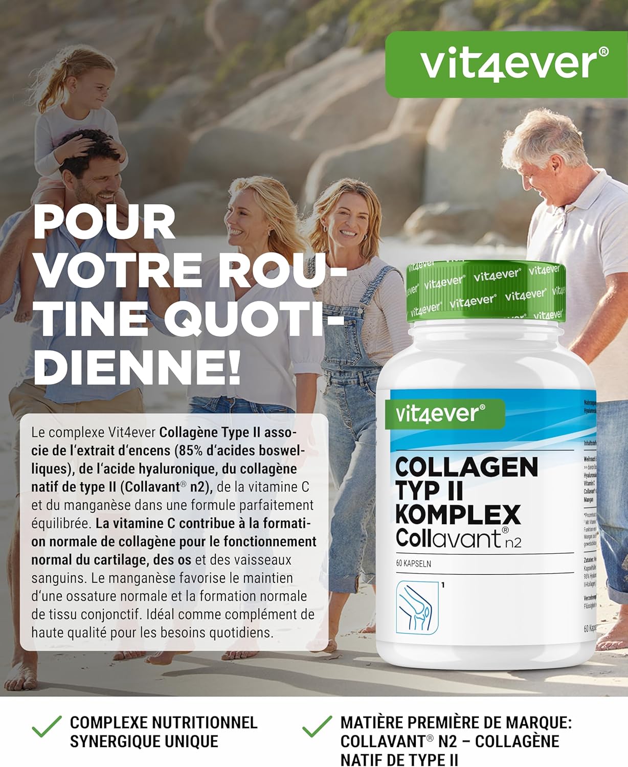 Complexe Collagène de Type II – avec Collagène Natif Collavant N2®, Extrait d’Encens, Acide Hyaluronique, Vitamine C, Manganèse pour les Os, le Cartilage et les Articulations