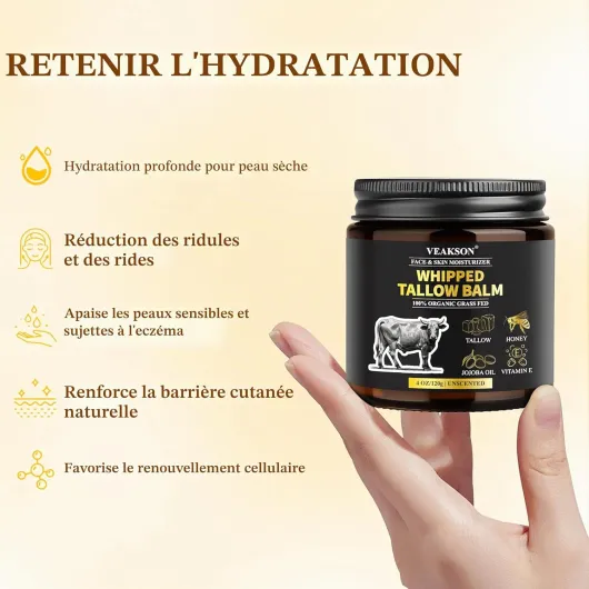 Beef Tallow for Skin Lot de 2, 100% Biologique Suif de BœUf et Au Miel, Beef Tallow CrèMe Bio pour Une Hydratation en Profondeur, CrèMe Hydratante pour le Visage et le Corps, UnparfüMiert, 120g