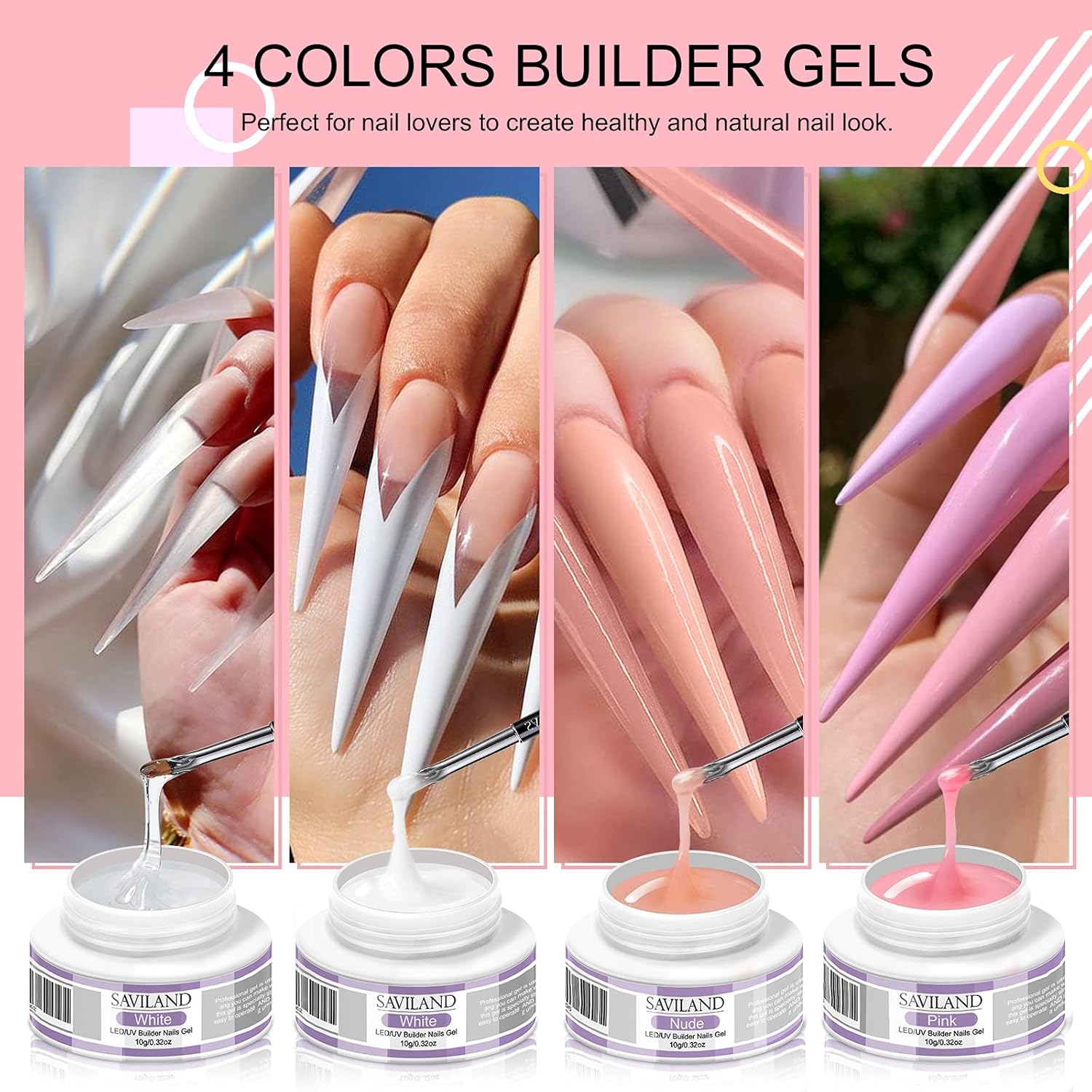 Gel Construction Ongle U V, 4 Couleurs de Base d'Extension d'Ongles Clair Blanc Nudes Rose, avec Pinceau à Ongles, 100Pcs Chalbon, Top Coat et Base Coat pour Renforce les Ongles Gel 1-color