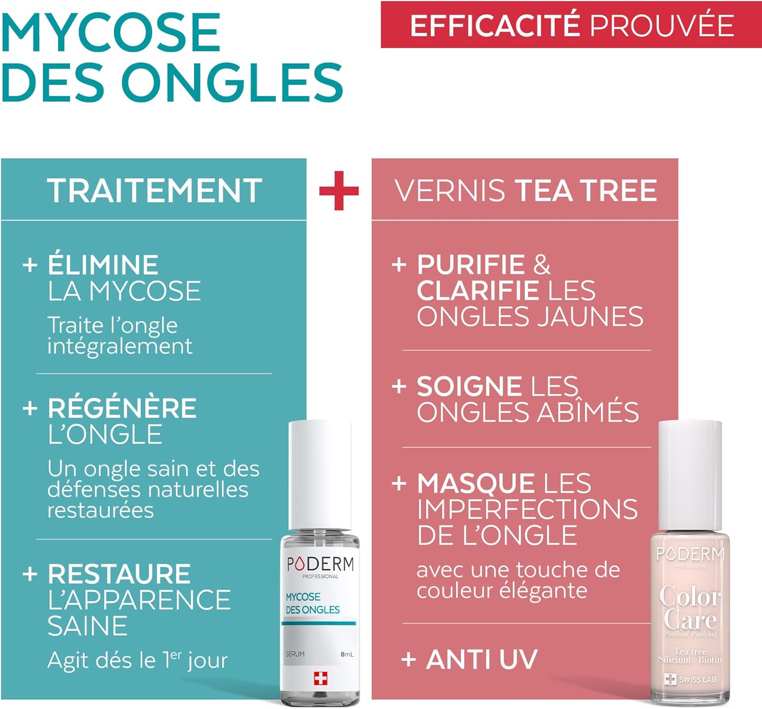 PODERM Sérum Mycose des Ongles + Vernis à Ongles Rose Poudrée – Antifongique, Répare & Camoufle les Ongles Jaunis, pour des Ongles Visiblement Plus Sains - Développé par une Podologue - Swiss Made Serum Mycose + Rose Poudrée