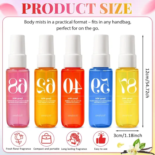 Spray Corporel Femme, Brume Parfumée Fruitée 5Pcs 40ML - Brume parfumée fruitée pour cheveux et corps, format pratique pour quotidien, voyage et vacances 5PCS/40ML