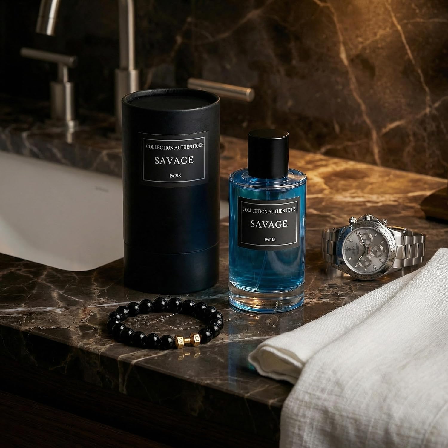 Collection l'Authentique Savage Eau de Parfum Homme 50ml + Bracelet Diffuseur en Pierre de Lave – Fragrance Intense Longue Durée – Coffret Cadeau Luxe Homme