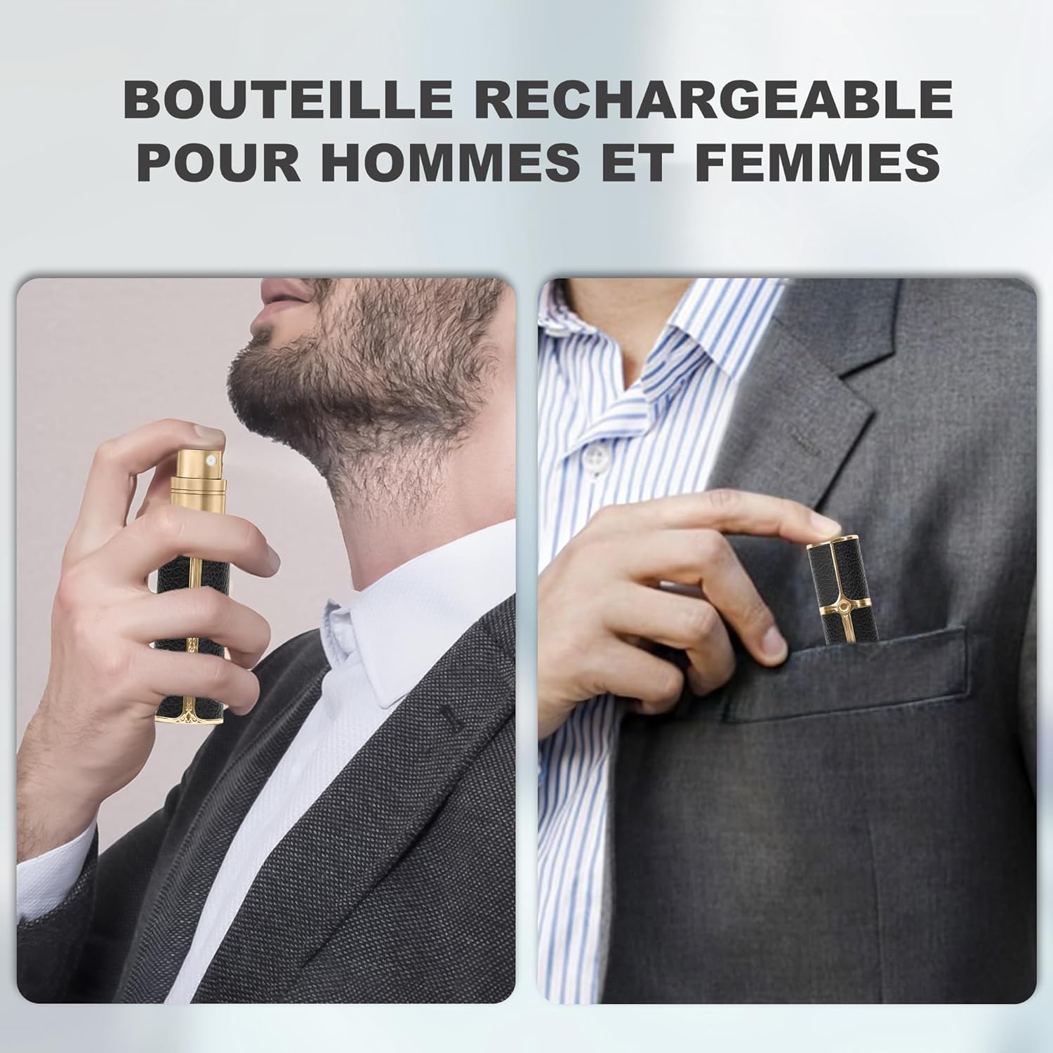 BF01BKS Vaporisateur Parfum, 10 ml Flacon rechargeable, Vaporisateur de voyage portable, adapté au sac à main, au voyage, pour femmes et hommes (Argent noir)