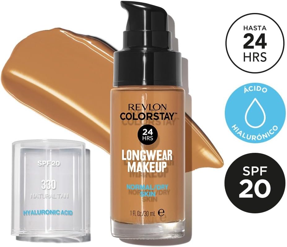 Colorstay, Fond de Teint Longue Tenue, Peaux NormalesàSèches, 24H Tenue + Soin, Formule enrichie en Acide Hyaluronique, Hydratation Intense, Spf 20 N330 Natural Tan 30Ml (Lot de 2)