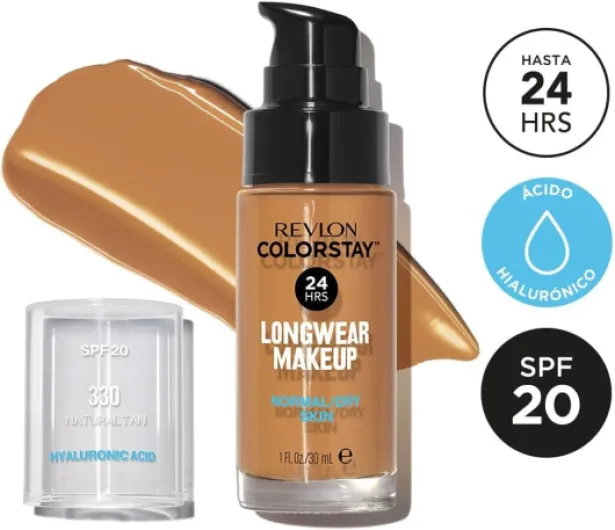 Colorstay, Fond de Teint Longue Tenue, Peaux NormalesàSèches, 24H Tenue + Soin, Formule enrichie en Acide Hyaluronique, Hydratation Intense, Spf 20 N330 Natural Tan 30Ml (Lot de 2)