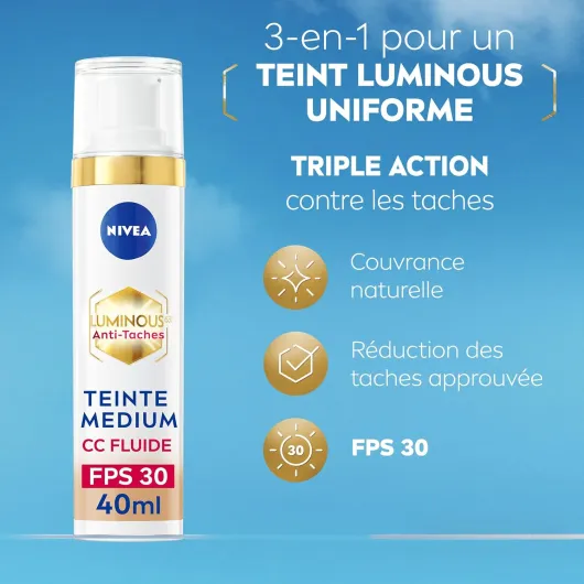 Luminous 630 CC Crème Fluide anti-taches FPS30 Teinte Medium, Soin visage teintée contre les signes de l'âge, CC creme visage réducteur de taches d'hyperpigmentation, 40ml