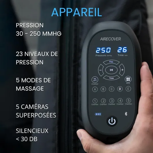 Appareil de massage des jambes sans fil avec 5 chambres à air, drainage lymphatique et relaxation musculaire, pressothérapie pour la circulation sanguine et la récupération, 30-250 mmHg（L）