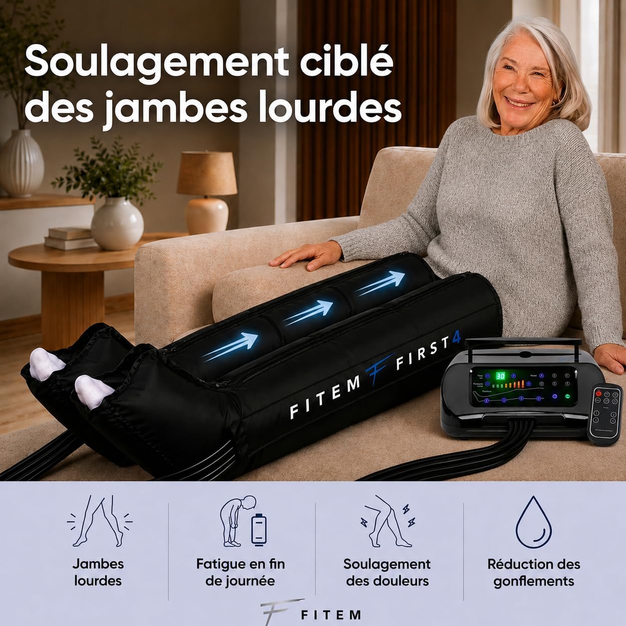 Bottes de pressothérapie jambes FITEM – Jambe lourde & drainage lymphatique - Amélioration Circulation sanguine jambe, massage fluide, confort toutes morphologies, utilisation simple, SAV français