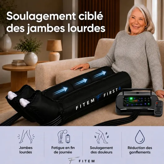Bottes de pressothérapie jambes FITEM – Jambe lourde & drainage lymphatique - Amélioration Circulation sanguine jambe, massage fluide, confort toutes morphologies, utilisation simple, SAV français